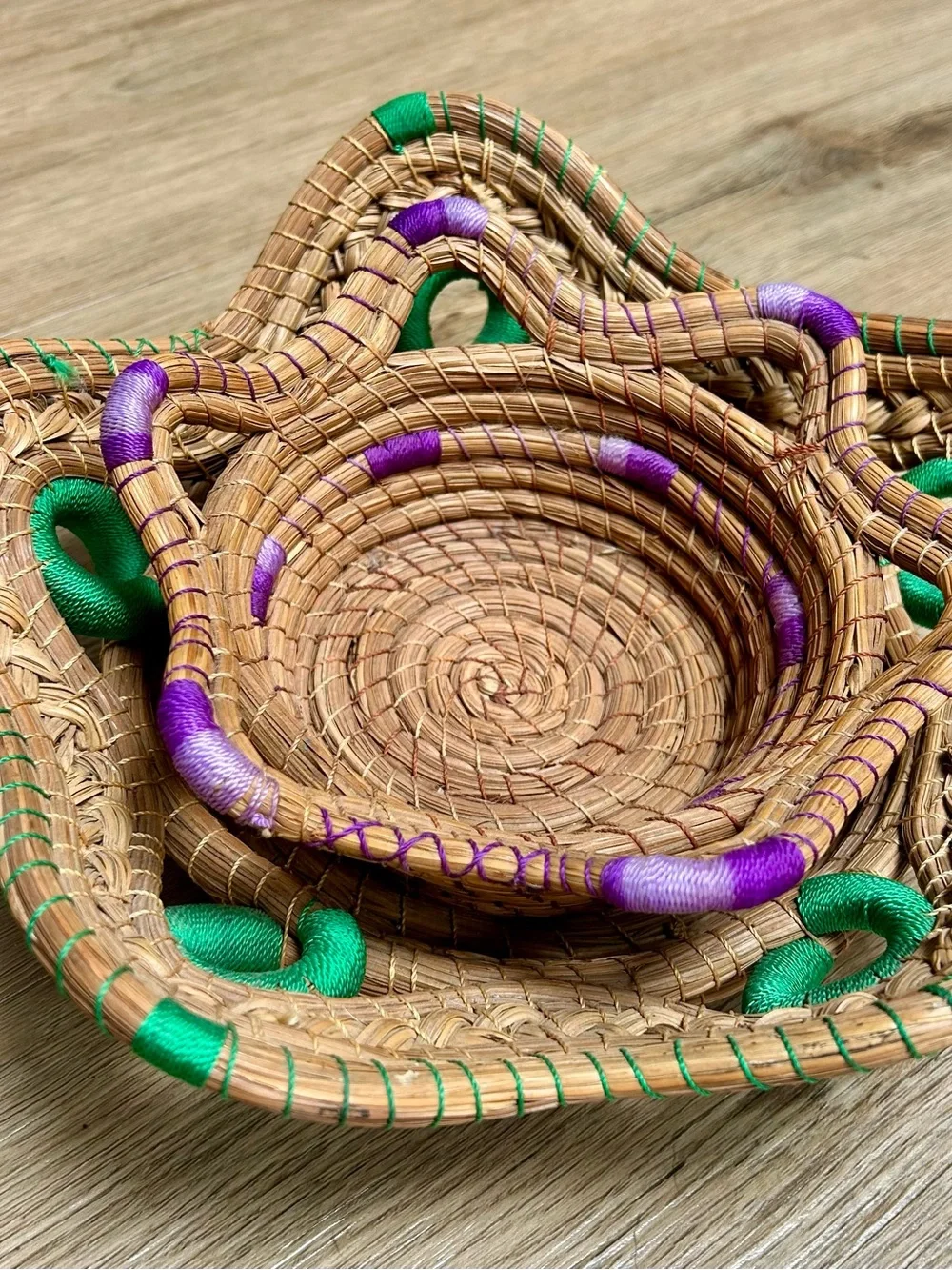 VTG Hand-Coiled Pine Needle Nesting Baskets Set of 2 Boho Star Wave Green Purple